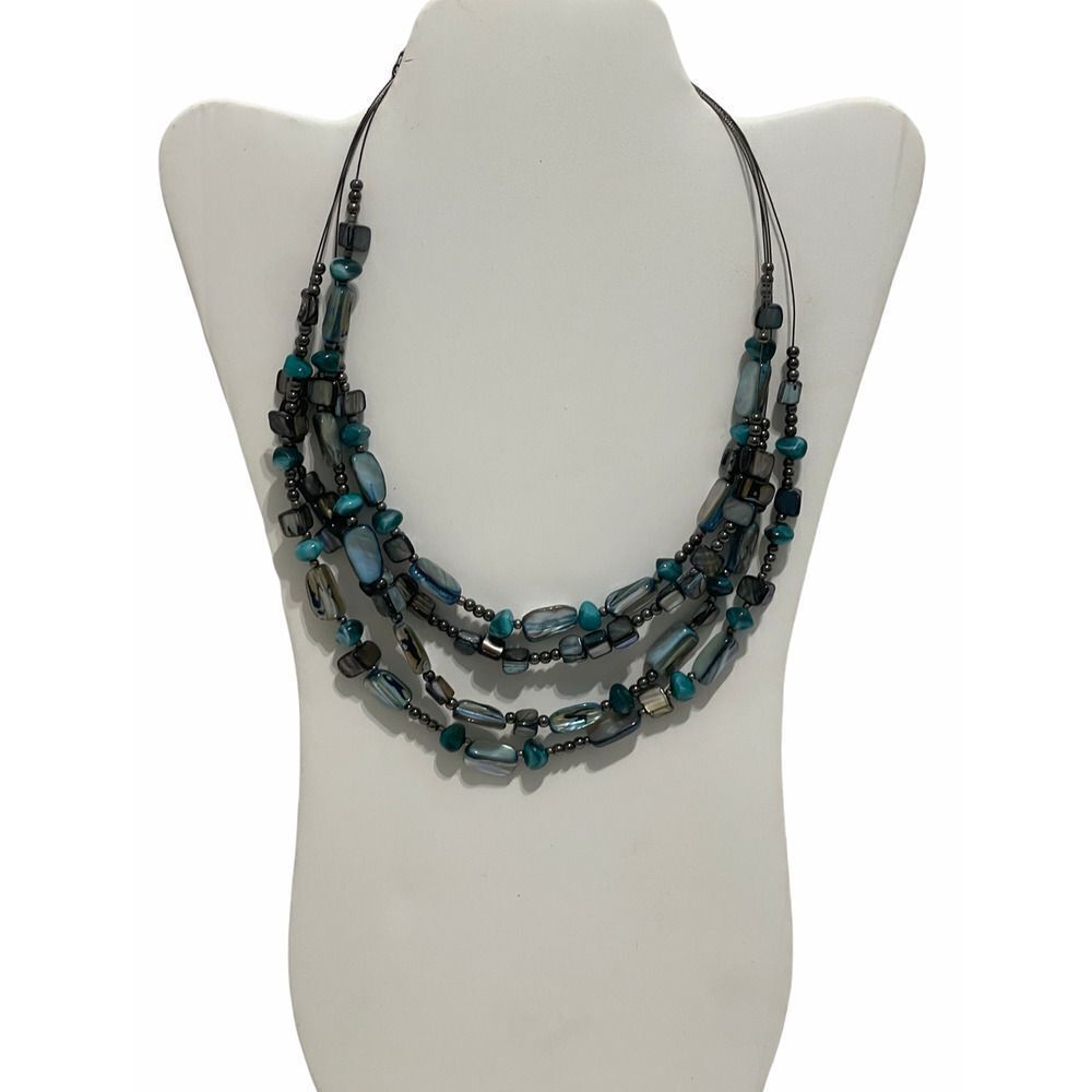 Layered Beaded Gemstone Statement Necklace Turquoise Color Beads‎ Blue Gunmetal